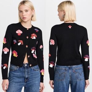 Alice Olivia Ruthy Embellished Cardigan Sweater Black Mushroom Beaded Size S